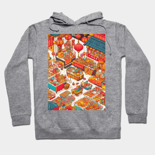 A bustling market scene filled with stalls offering traditional Chinese New Year goodies, decorations, and symbolic items. Capture the excitement and prosperity of the holiday. Hoodie by maricetak